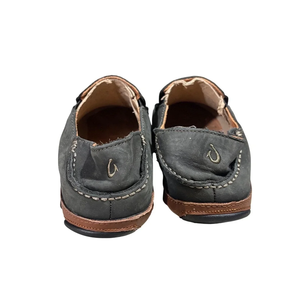 Olukai Moloa Shoes 9.5 Charcoal Grey Leather Slip On Drop In Heel Loafer - Picture 3 of 6